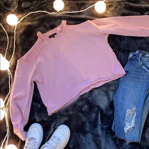 Pink-shoulder cut out, light long sleeve, raw hem